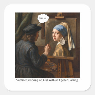 Vermeer werkend aan Meisje met de Parel Oorbel. Vierkante Sticker