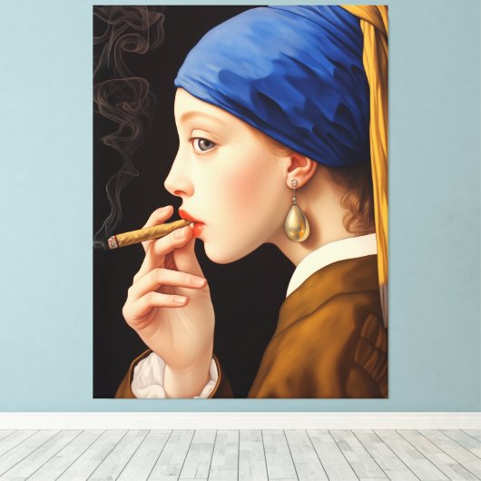 Vermeers Meisje met de parel rookt een sigaret Canvas Afdruk (Insitu (Houten vloer))