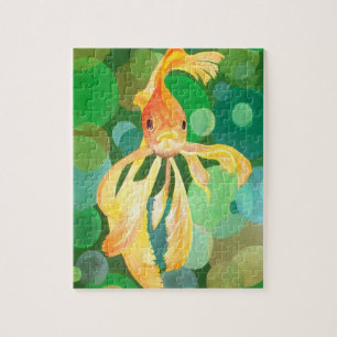 Vermilion Goldfish zwemmen in groene bubbels Legpuzzel
