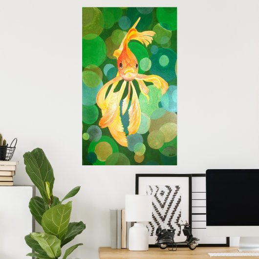 Vermilion Goldfish zwemmen in groene bubbels Poster (Thuiskantoor)