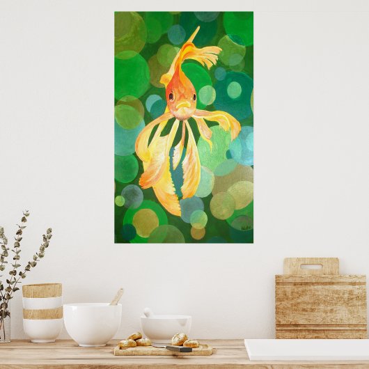 Vermilion Goldfish zwemmen in groene bubbels Poster (Keuken)