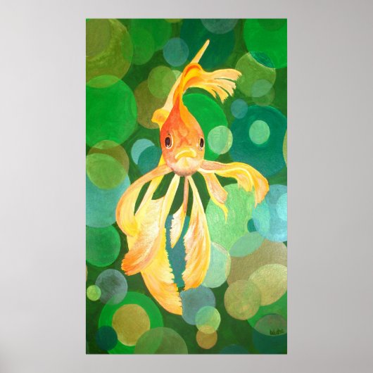 Vermilion Goldfish zwemmen in groene bubbels Poster (Voorkant)