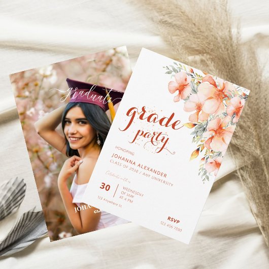 Vermilion Waterverf Floral Graduation Party Kaart