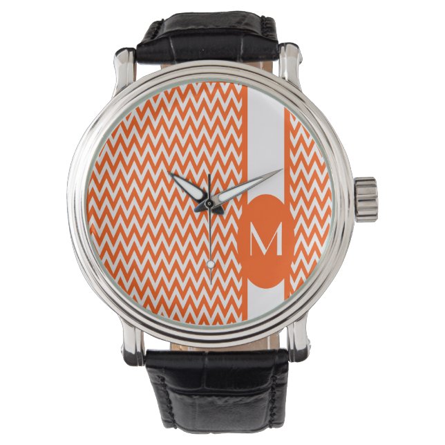 Vermiljoen Elegant Chevron Design met monogram Horloge (Voorkant)