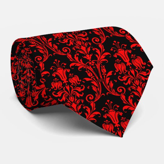 Vermiljoen Red Black Floral Damask Stropdas (Opgerold)