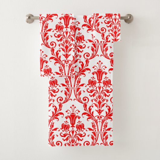 Vermiljoen Red Floral Damask op White Bad Handdoek (Insitu)
