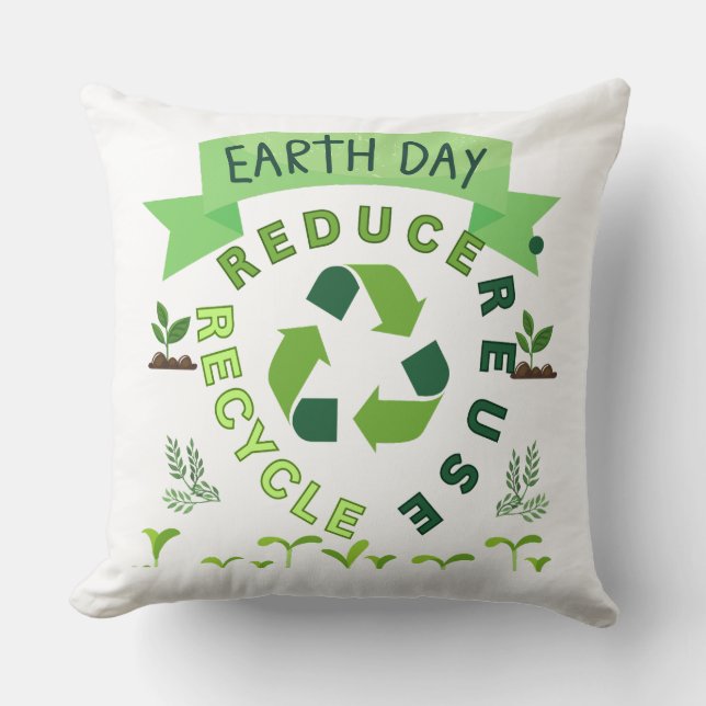 "Verminder, hergebruik, Recyclen" Earth Day Kussen (Voorkant)