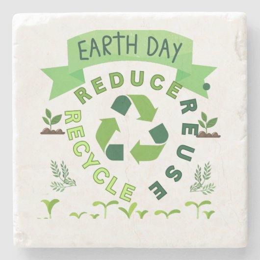 "Verminder, hergebruik, Recyclen" Earth Day Stenen Onderzetter (Voorkant)