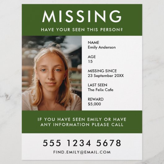 vermiste | Moderne Groene Foto Poster Flyer (Achterkant)