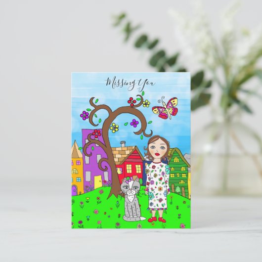 Vermiste U, Whimsical Lady en Cat Friendship Briefkaart (Staand voorkant)