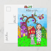 Vermiste U, Whimsical Lady en Cat Friendship Briefkaart (Voorkant / Achterkant)