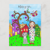 Vermiste U, Whimsical Lady en Cat Friendship Briefkaart (Voorkant)