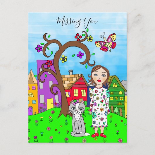 Vermiste U, Whimsical Lady en Cat Friendship Briefkaart (Voorkant)