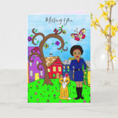 Vermiste U, Whimsical Lady en Cat Friendship Kaart (Gele Bloem)