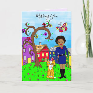 Vermiste U, Whimsical Lady en Cat Friendship Kaart