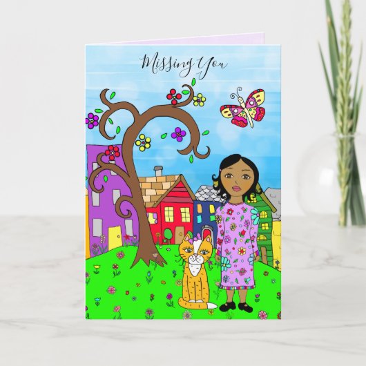 Vermiste U, Whimsical Lady en Cat Friendship Kaart (Voorkant)