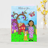 Vermiste U, Whimsical Lady en Cat Friendship Kaart (Gele Bloem)