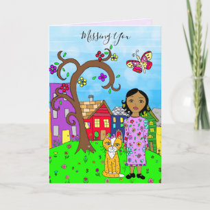 Vermiste U, Whimsical Lady en Cat Friendship Kaart