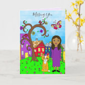 Vermiste U, Whimsical Lady en Cat Friendship Kaart (Gele Bloem)