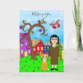 Vermiste U, Whimsical Lady en Cat Friendship Kaart (Voorkant)