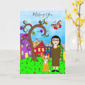Vermiste U, Whimsical Lady en Cat Friendship Kaart (Gele Bloem)