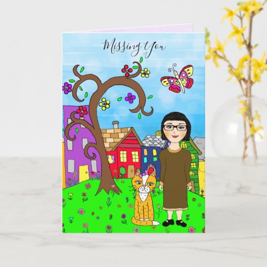 Vermiste U, Whimsical Lady en Cat Friendship Kaart (Gele Bloem)