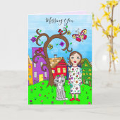 Vermiste U, Whimsical Lady en Cat Friendship Kaart (Gele Bloem)