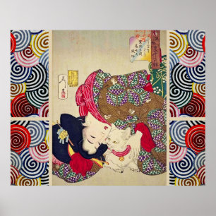 Vermoeid uitziende Japanse vrouw met witte kat Poster