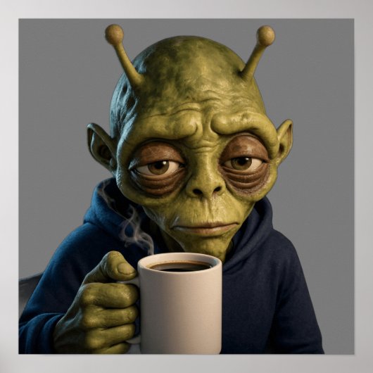 Vermoeide Alien Ochtendkoffie Sci-Fi Kunstposter Poster (Voorkant)