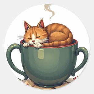 Vermoeide Kat Coffeverslaafde Morgenroutine Retro Ronde Sticker