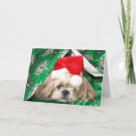 Vermoeide Kerstmis Shih Tzu Feestdagen Kaart<br><div class="desc">De room en witte Shih Tzu raakten van alle festiviteiten van Kerstmis uitgeput een toevluchtsoord zoeken van alle activiteiten in het kader van het verpakkende document van Kerstmis terwijl nog het dragen van haar pet van de Kerstman.  De Kerstkaart van de foto</div>