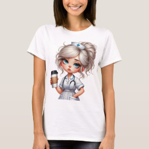 Vermoeide overwerkte schattige verpleegster met ko t-shirt