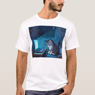 Vermoeide Pixelkat achter Laptop 's Nachts – Verdr T-shirt