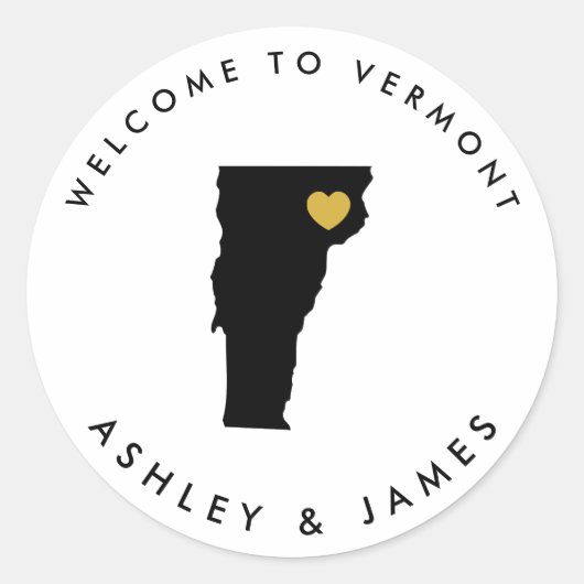 Vermont Bruiloft Welkom Sticker Label, Zwart, Goud (Voorkant)