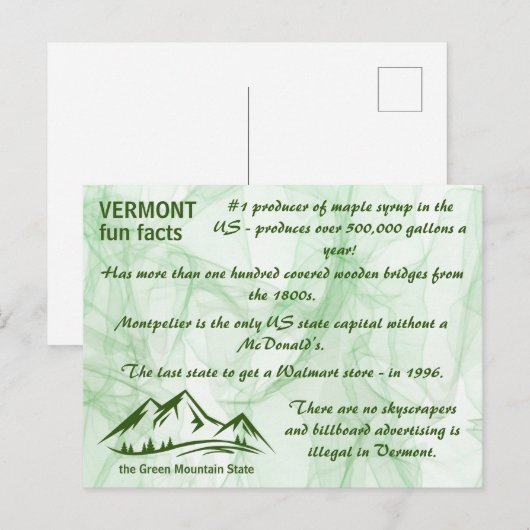 Vermont, de Groene Berg-staatsfeiten Briefkaart (Voorkant / Achterkant)
