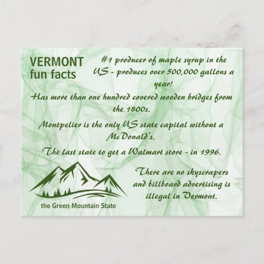 Vermont, de Groene Berg-staatsfeiten Briefkaart (Voorkant)