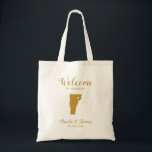Vermont Map Wedding Welcome Bag, Gold Tote Bag<br><div class="desc">Het weekend van de bruiloft heet cadeautas voor gasten uit de stad voor je bruiloft,  met afbeelding van Vermont,  met hart dat je op de precieze locatie kunt plaatsen. Vul tas met je favoriete godies.</div>