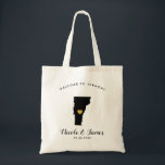 Vermont Map Wedding Welcome Bag Tas Black, Gold<br><div class="desc">Het weekend van de bruiloft heet cadeautas voor gasten uit de stad voor je bruiloft,  met afbeelding van Vermont,  met gouden hart.  Vul tas met je favoriete godies.</div>