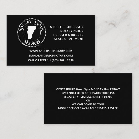 Vermont Notary Public Services Visitekaartje (Voorkant / Achterkant)