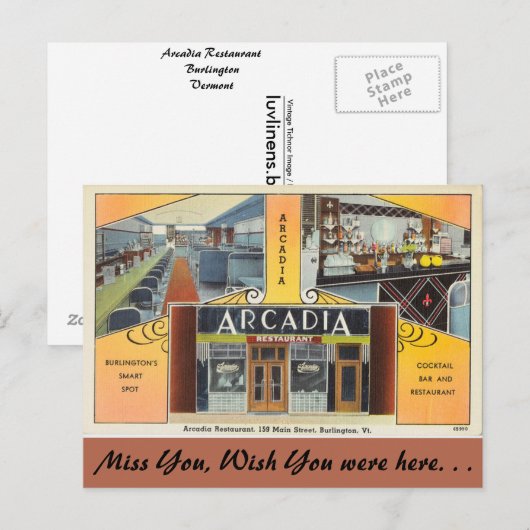 Vermont, restaurant Arcadia, Burlington Briefkaart (Voorkant / Achterkant)
