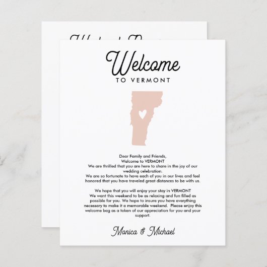 VERMONT Welcome Letter Itinerary ANY COLOR (Voorkant / Achterkant)