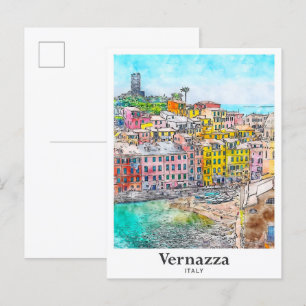 Vernazza Italië Travel Waterverf Sketch Hand getek Briefkaart