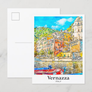 Vernazza Italië Travel Waterverf Sketch Hand getek Briefkaart