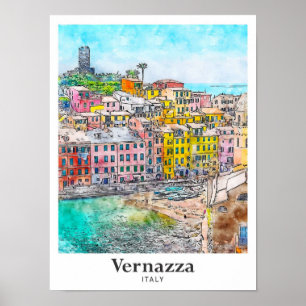 Vernazza Italië Travel Waterverf Sketch Hand getek Poster