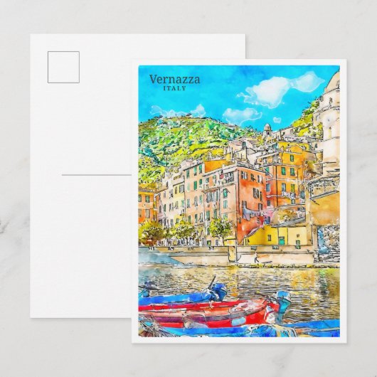 Vernazza Italië vintage reizen waterverf Briefkaart (Voorkant / Achterkant)