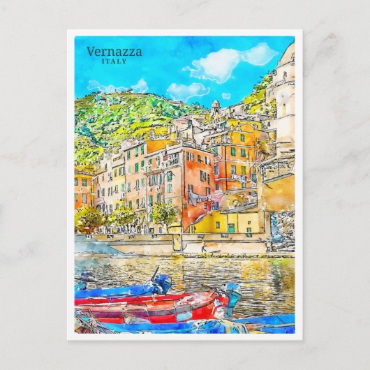Vernazza Italië vintage reizen waterverf Briefkaart (Voorkant)