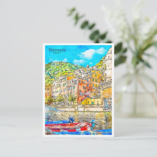 Vernazza Italië vintage reizen waterverf Briefkaart (Staand voorkant)