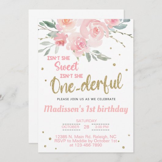 Vernederend meisje eerste verjaardag uitnodiging. kaart (Voorkant / Achterkant)