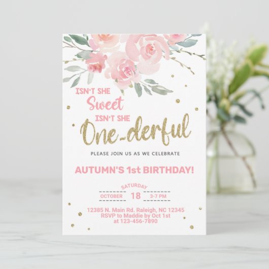 Vernederend meisje eerste verjaardag uitnodiging. kaart (Staand voorkant)