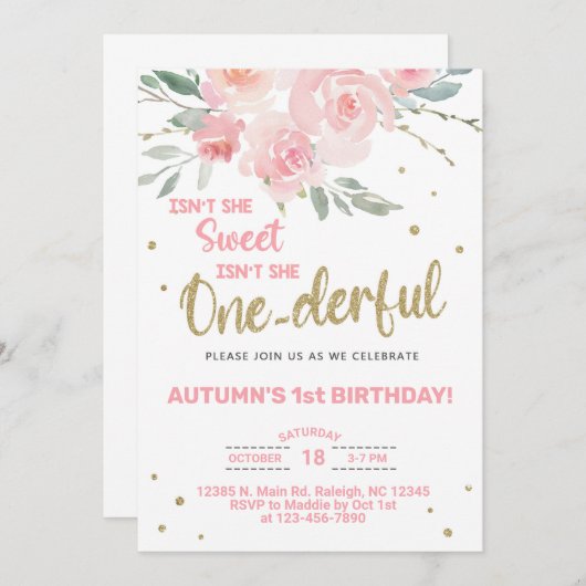 Vernederend meisje eerste verjaardag uitnodiging. kaart (Voorkant / Achterkant)